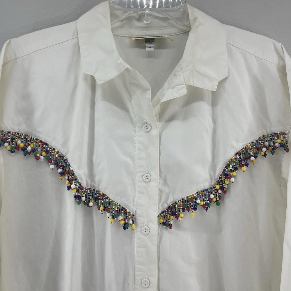 Vintage 90s Beaded Button Up Shirt Women's L White Fringe Western Funky Boho - Picture 3 of 16